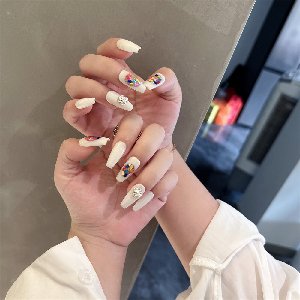 White Coffin Nail Design Diamond Press on