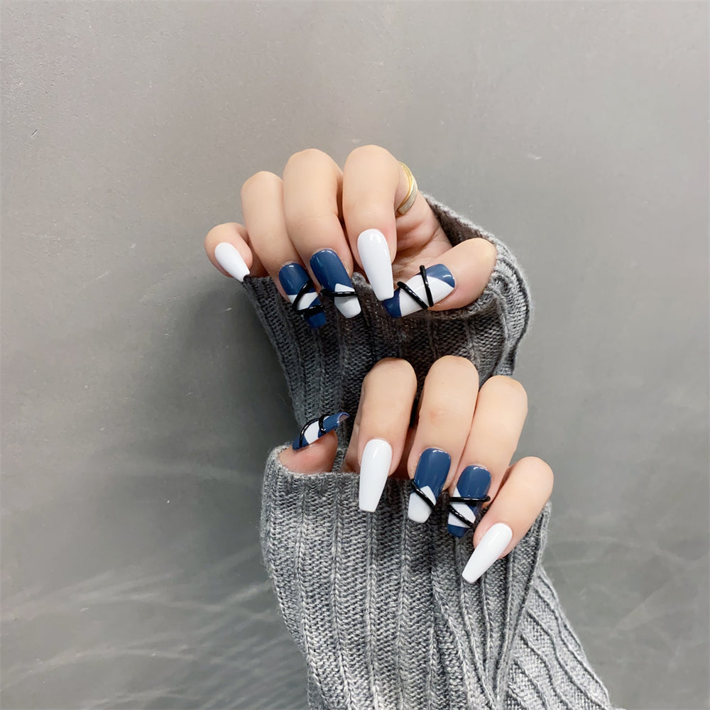 Navy Blue and White Nails Art Abstract Coffin