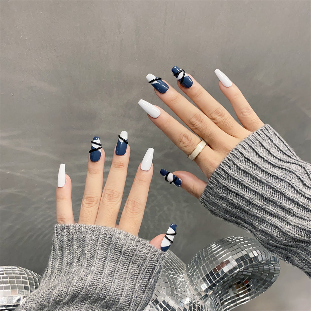 Navy Blue and White Nails Art Abstract Coffin