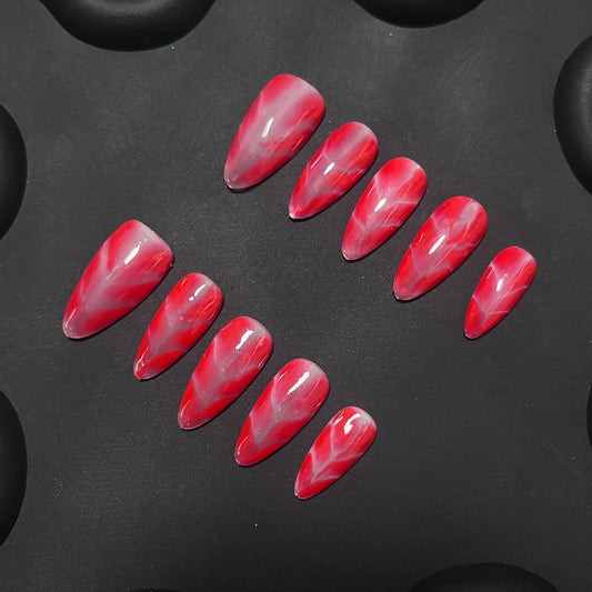 Red Marble Almond Ombre Nails