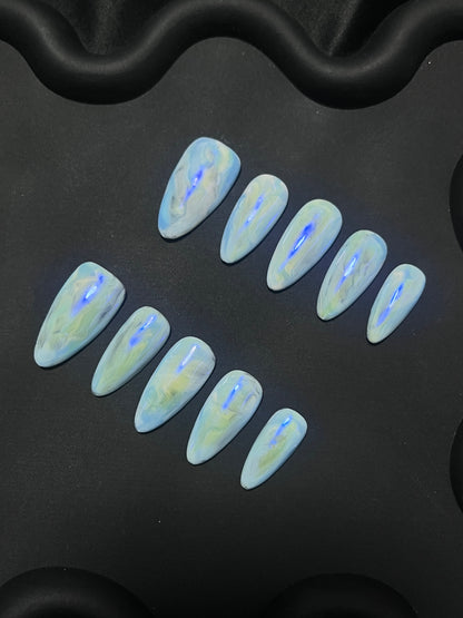 Light Blue Opal Almond Ombre Nails