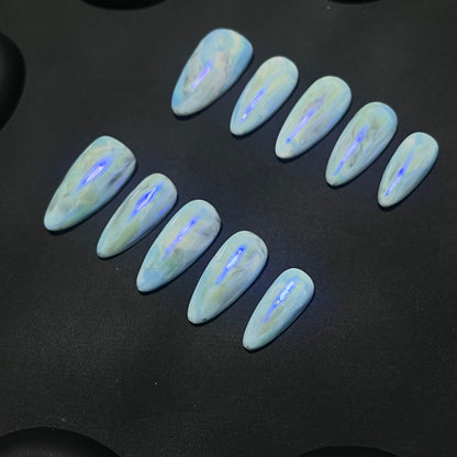 Light Blue Opal Almond Ombre Nails