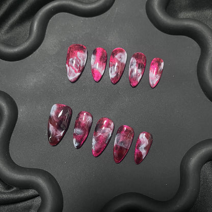 Red Cat Eye Marble Ombre Nails