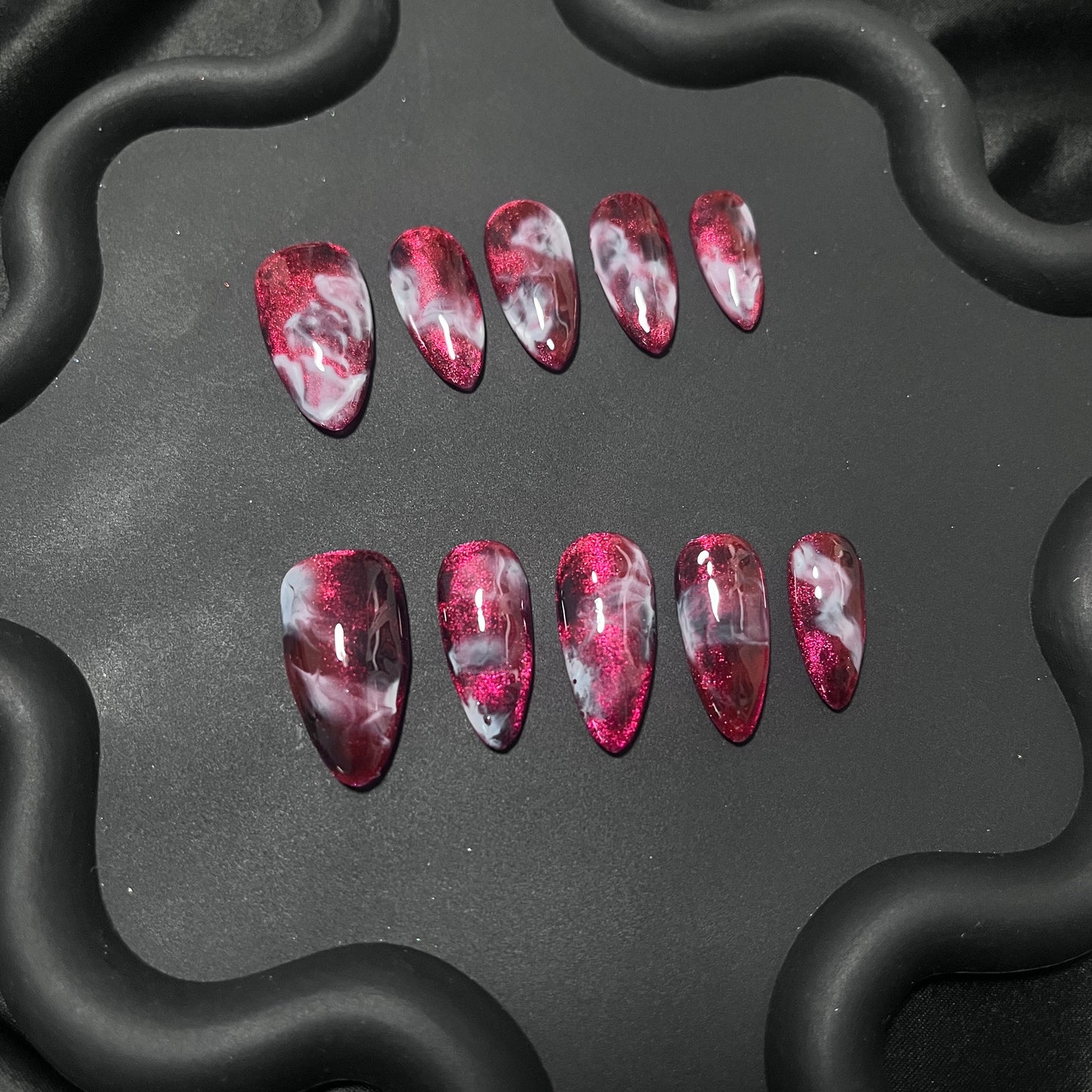 Red Cat Eye Marble Ombre Nails