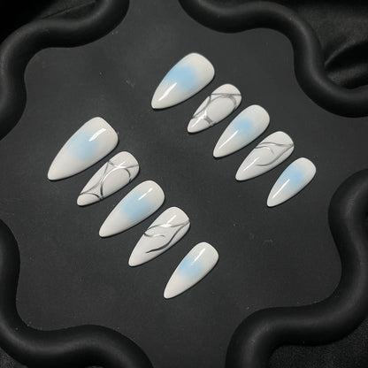 Blue Aura Silver Line Almond Ombre Nails