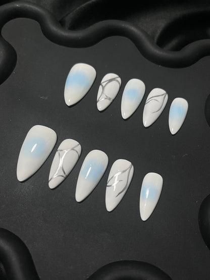 Blue Aura Silver Line Almond Ombre Nails