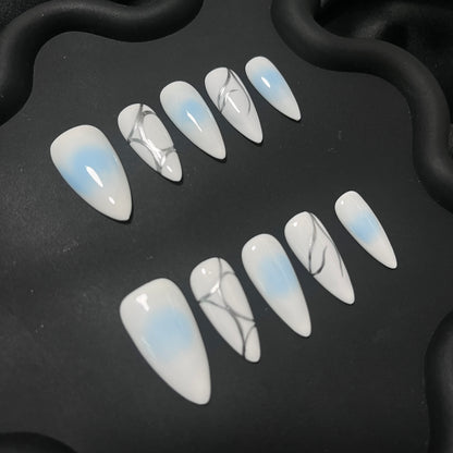 Blue Aura Silver Line Almond Ombre Nails