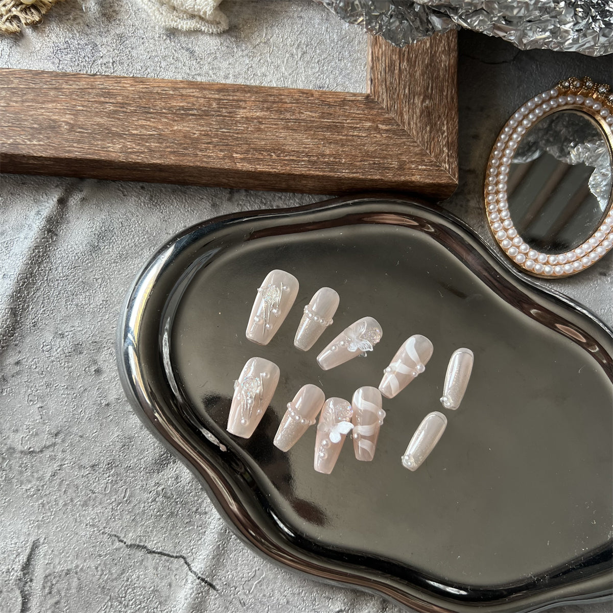 Nails with Butterflies Nude Pearl for Wedding