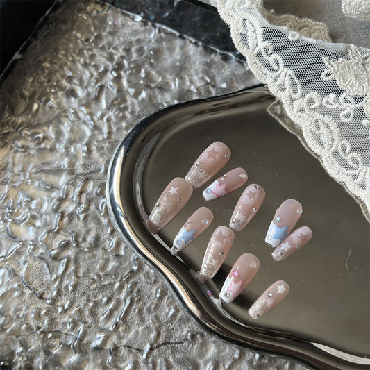 Light Pink Coffin Nails With Glitter Star Art