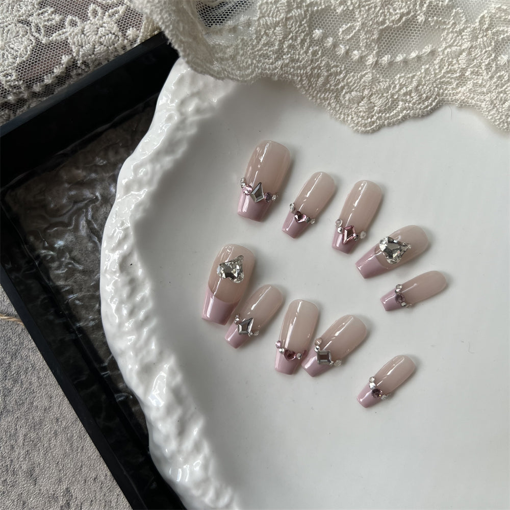 Light Pink French Nails Press on With Crystals