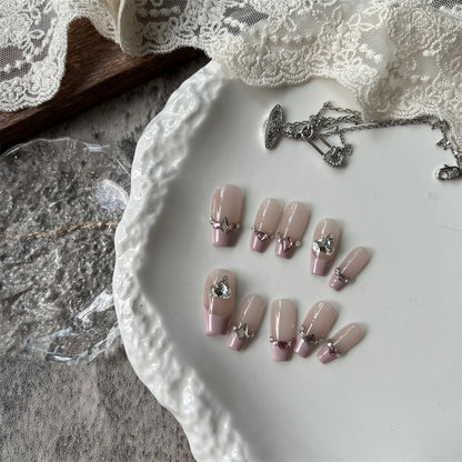 Light Pink French Nails Press on With Crystals