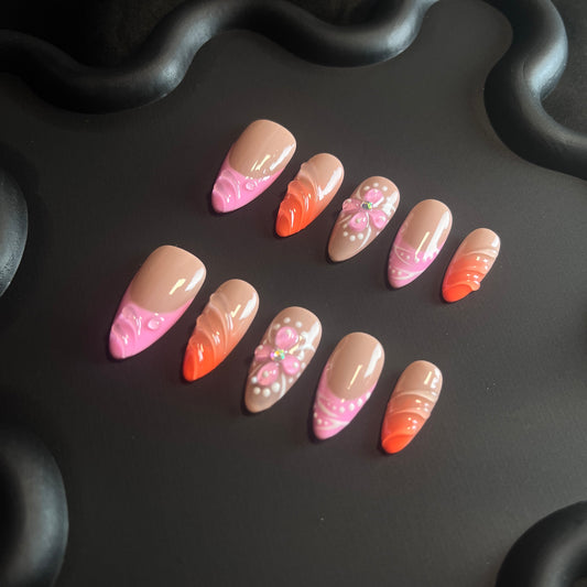 3D Boho Almond Orange Ombre Nails