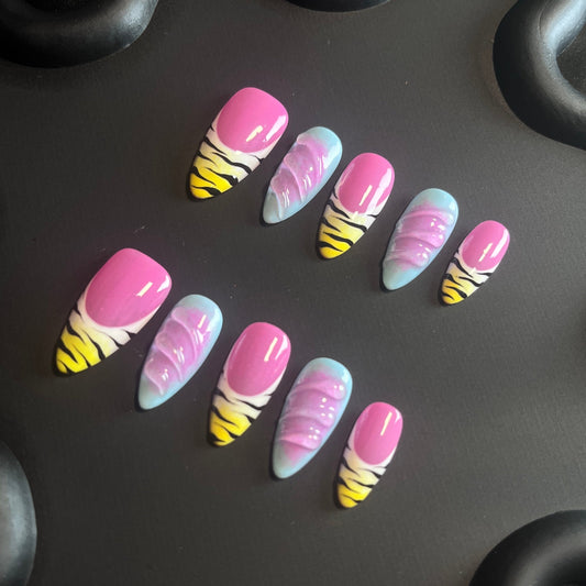 Zebra French Almond Pink Ombre Nails