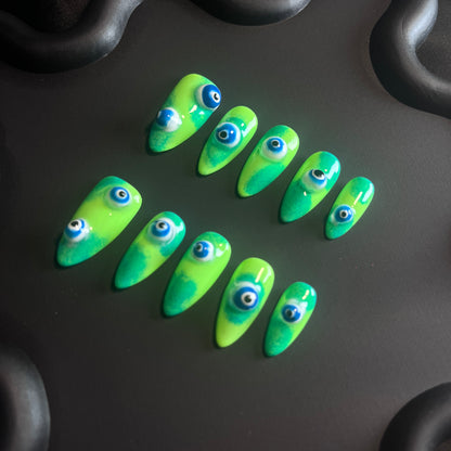 3D Evil Eye Green Almond Ombre Nails