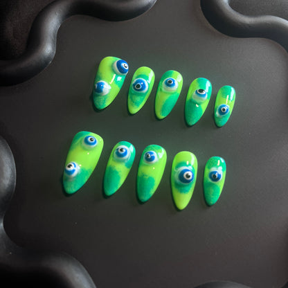 3D Evil Eye Green Almond Ombre Nails