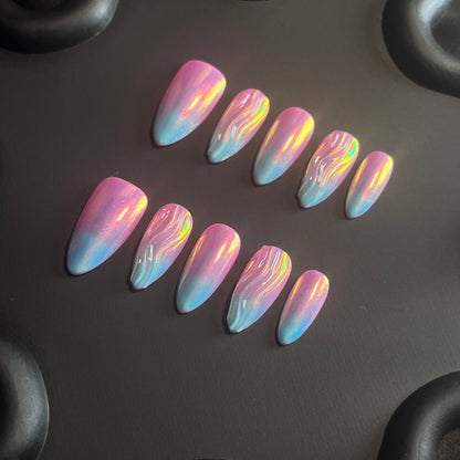 Mermaid 3D Swirl Almond Ombre Nails