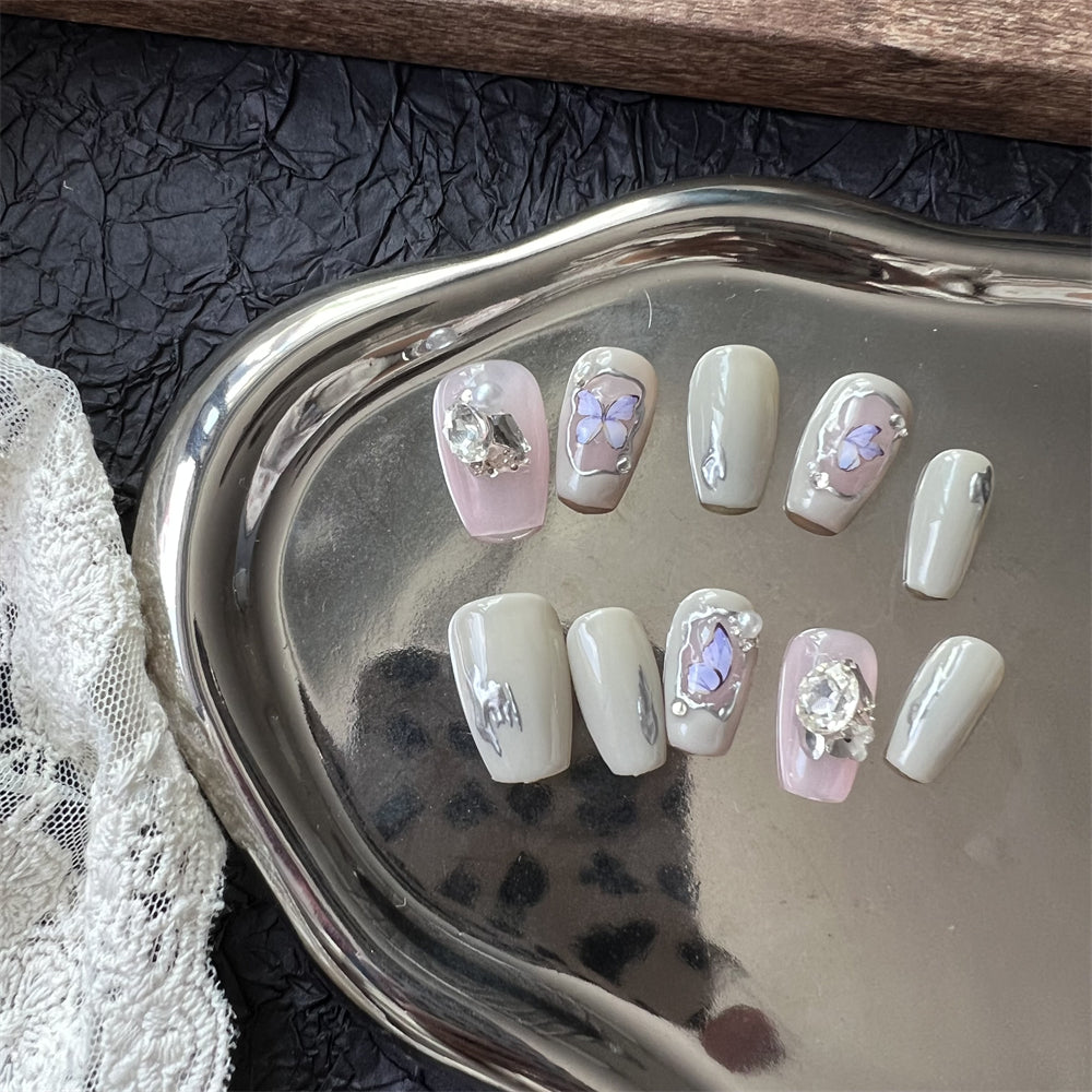 Light Grey Nails Butterfly Art Rhinestone