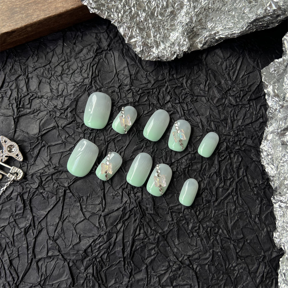 Mint Green Ombre Nails Oval Butterfly