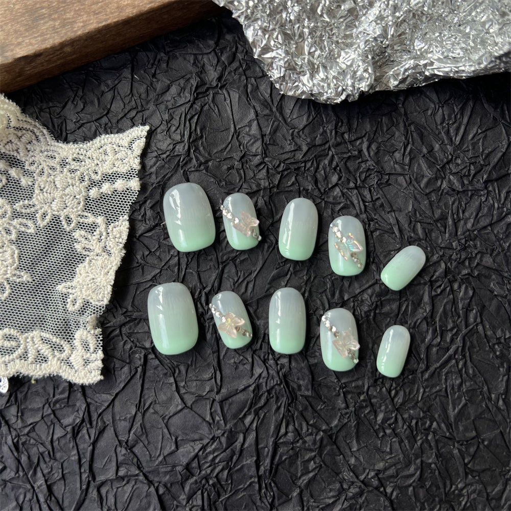 Mint Green Ombre Nails Oval Butterfly