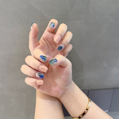 Blue Marble Nails Gold Foil Round Square