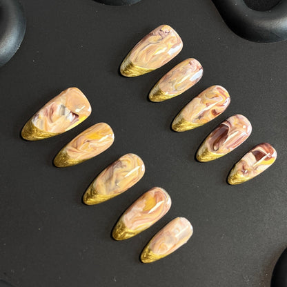 Coffee Marble French Almond Ombre Nails