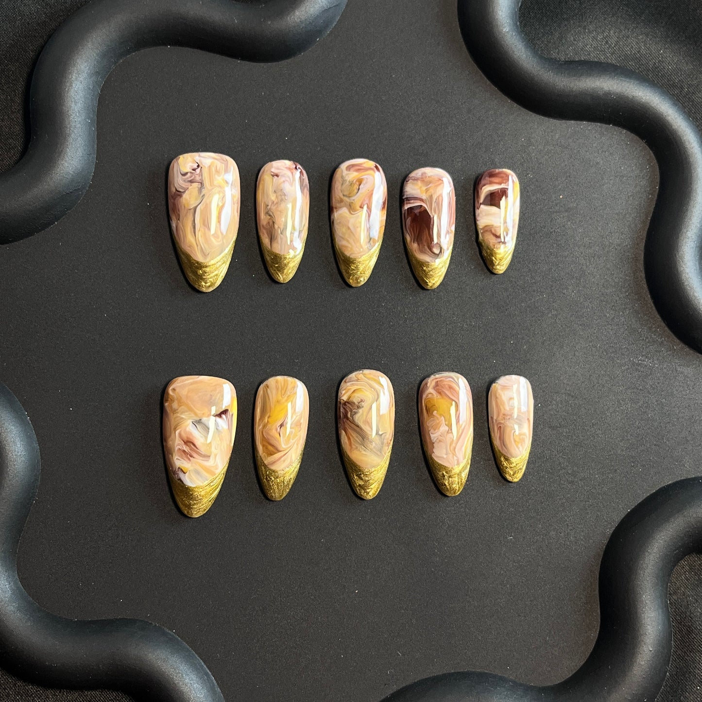 Coffee Marble French Almond Ombre Nails