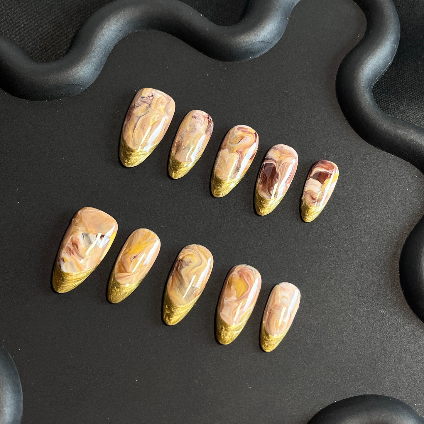 Coffee Marble French Almond Ombre Nails