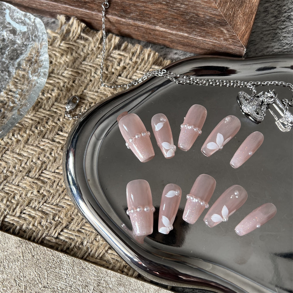 Nude Pink Coffin Nails Pearl Designs