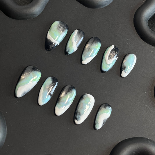 Galaxy Glitter Almond Mint Ombre Nails