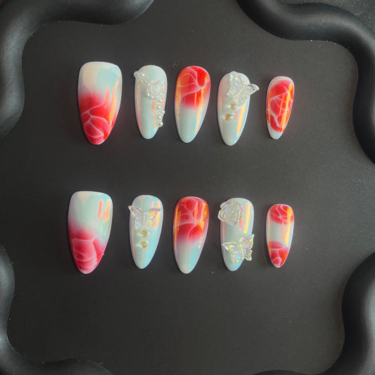 Rose Petals Butterfly Almond Ombre Nails