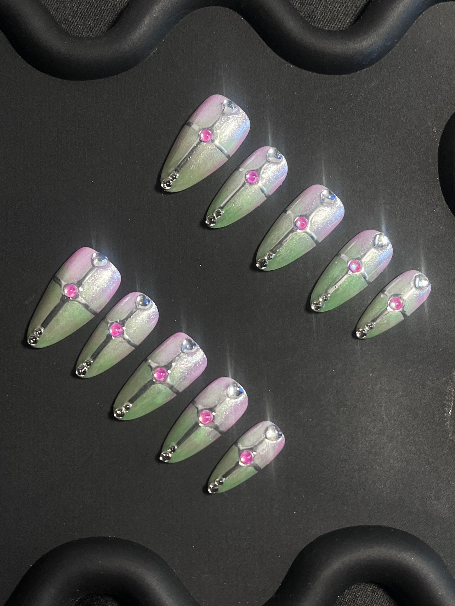 Bling Cross Almond Green Ombre Nails