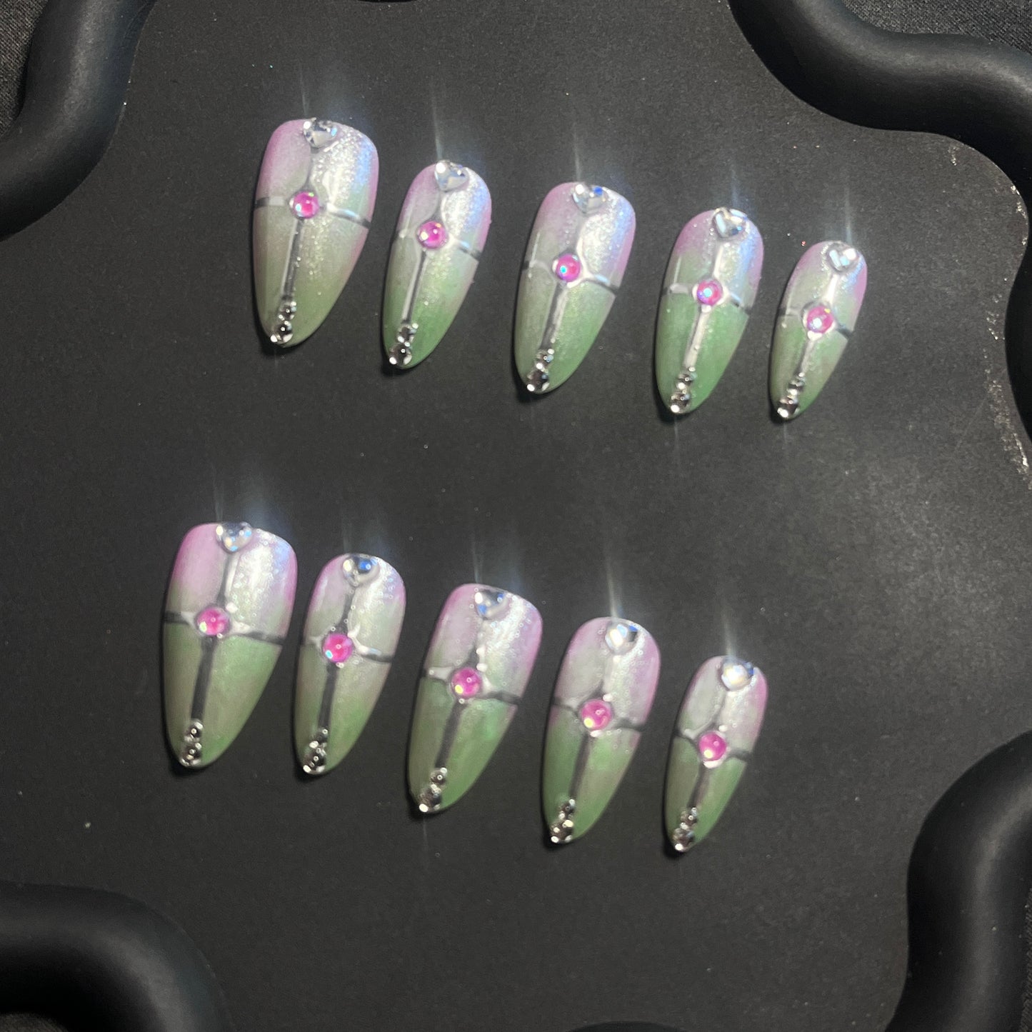 Bling Cross Almond Green Ombre Nails