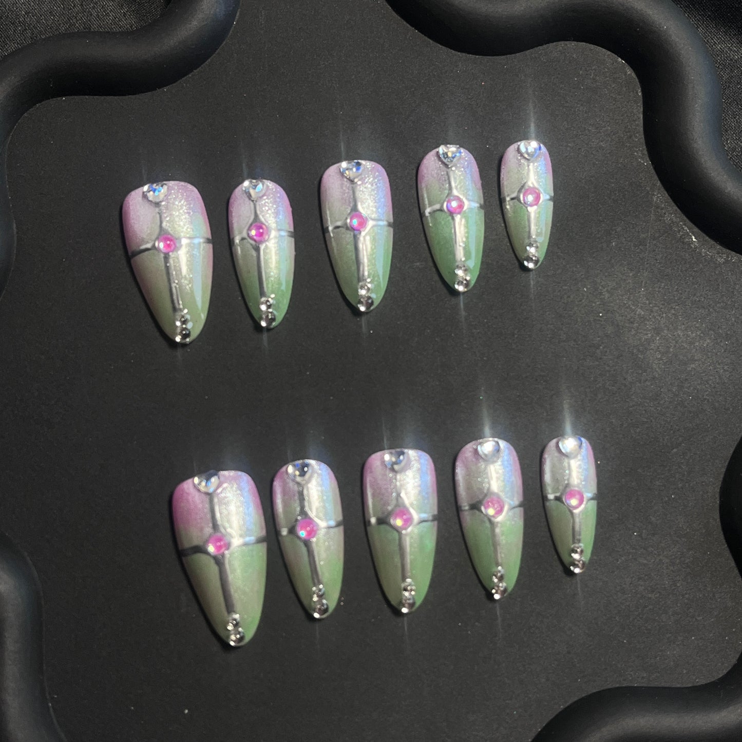 Bling Cross Almond Green Ombre Nails