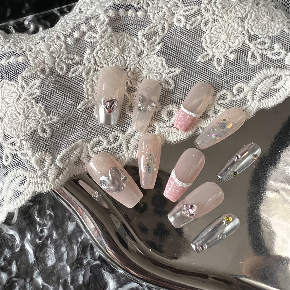 Sparkly Nude Nails Rhinestone Chrome Valentine