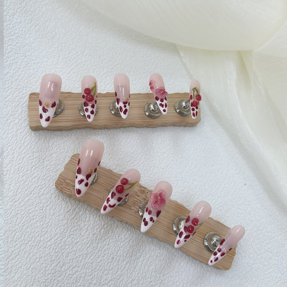 Cherry French Tip Nails Cow Print Valentines