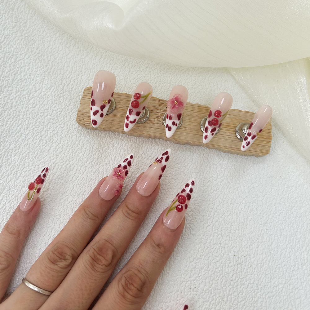 Cherry French Tip Nails Cow Print Valentines