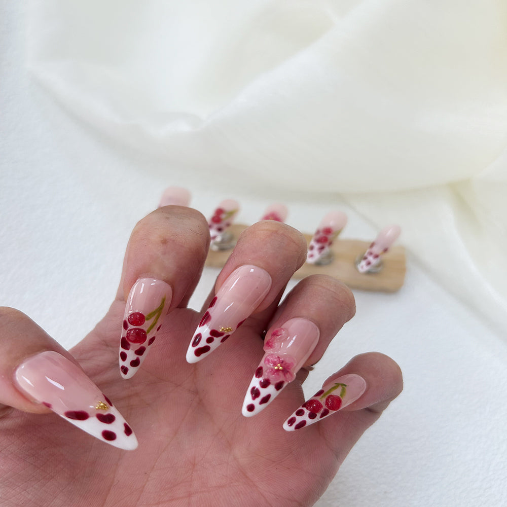 Cherry French Tip Nails Cow Print Valentines