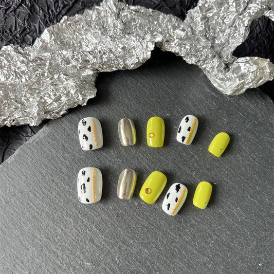 Neon Yellow Chrome Nails Press On Cute