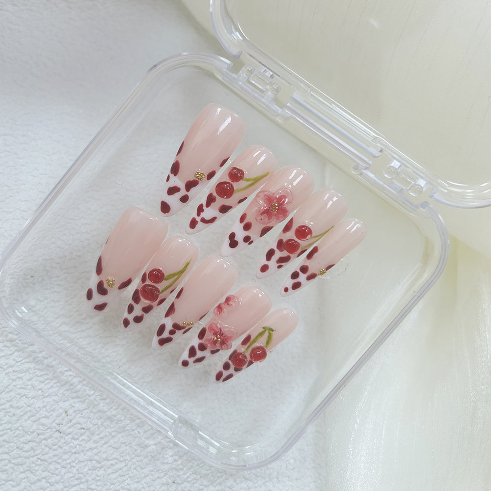 Cherry French Tip Nails Cow Print Valentines