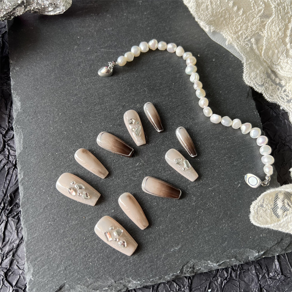 Mocha Brown Ombre Nails With Diamonds