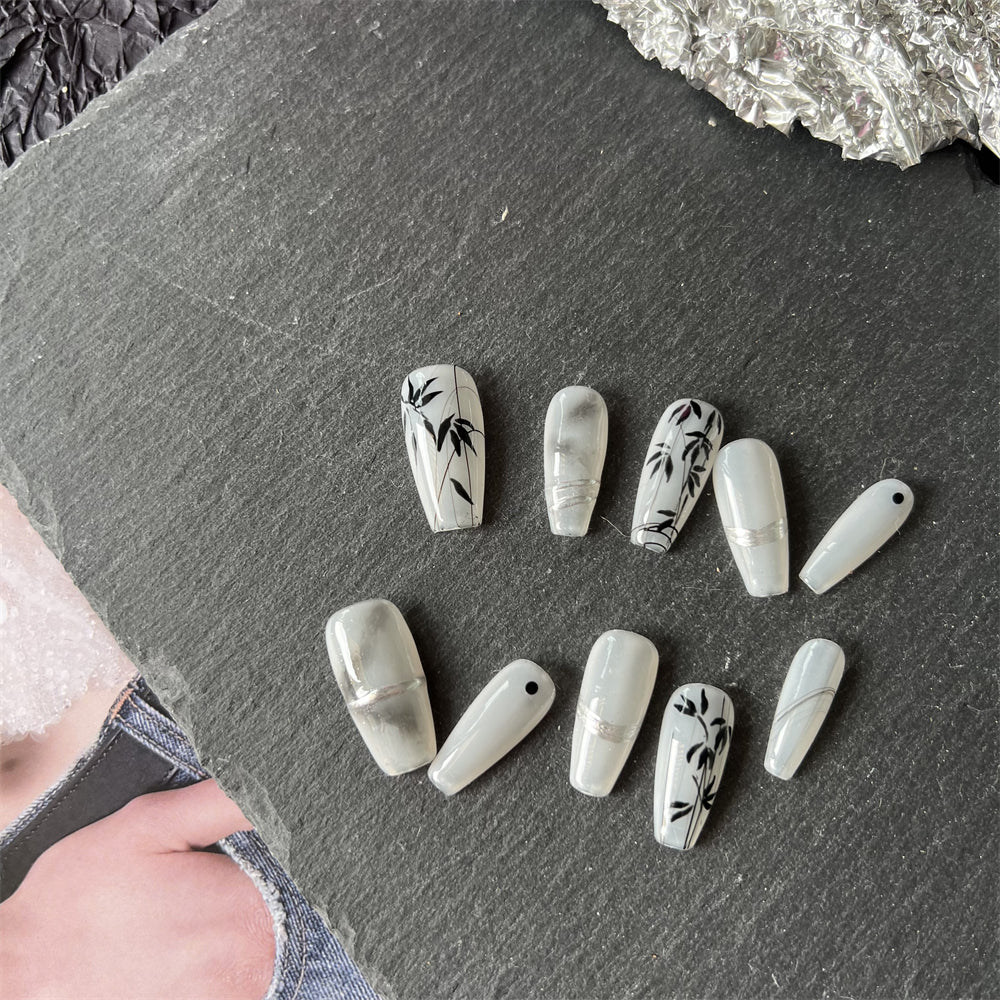 Milky White Acrylic Nails Bamboo Elegant Art