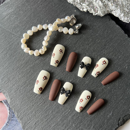 Brown and White Nails Matte With Flowers