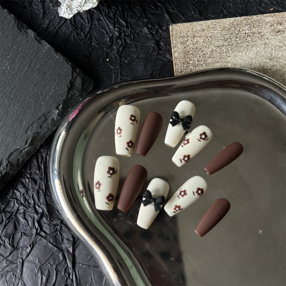 Brown and White Nails Matte With Flowers