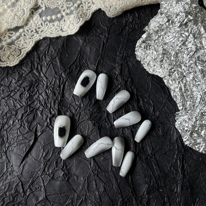 White And Silver Marble Nails Coffin