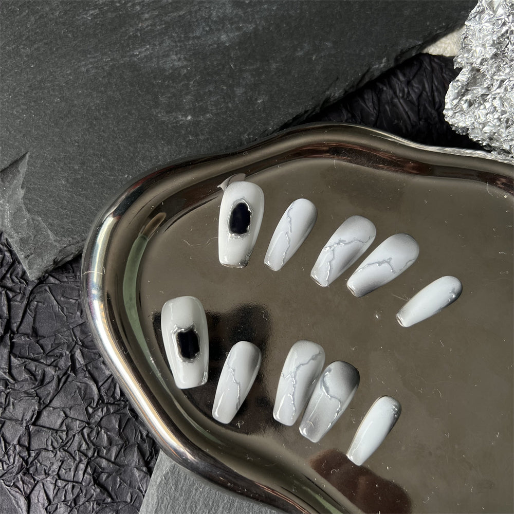 White And Silver Marble Nails Coffin