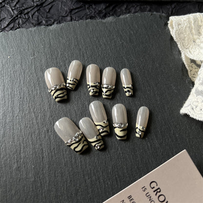 Zebra French Tip Nails Rhinestones Acrylic