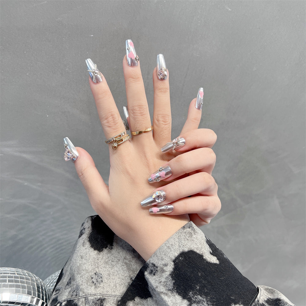 Silver Metallic Nails Press on for Prom