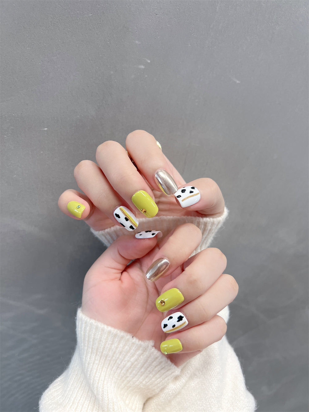 Neon Yellow Chrome Nails Press On Cute