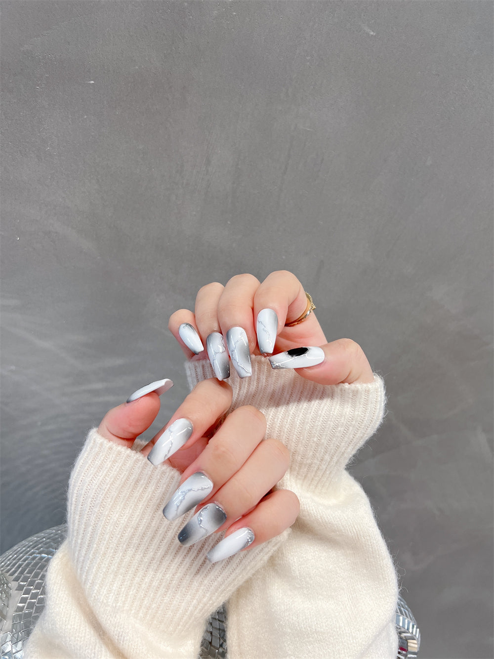 White And Silver Marble Nails Coffin