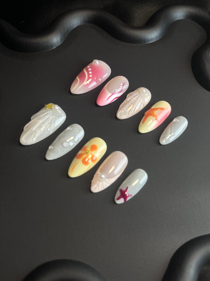 Shell And Starfish Almond White Ombre Nails